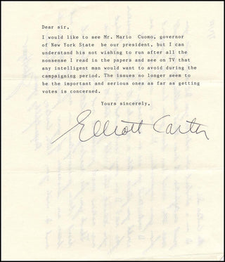 Carter, Elliot. (1908–2012) Signed Letter suggesting Cuomo for President