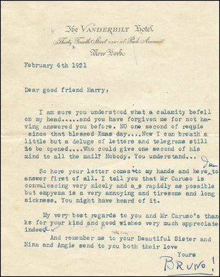 [Caruso, Enrico. (1873-1921)] Zirato, Bruno. [Morgana, Nina. (1892 - 1986)] Group of Letters about Caruso&apos;s illness and death