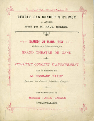 Casals, Pablo. (1876–1973) Original 1903 Concert Program