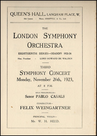 Casals, Pablo. (1876–1973) & Weingartner, Felix. (1863–1942) Original 1923 Concert Program