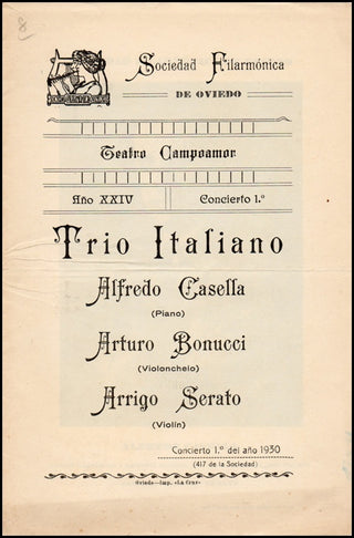 Casella, Alfredo. (1883-1947) [Trio Italiano] "Trio Italiano" Program from its First Year