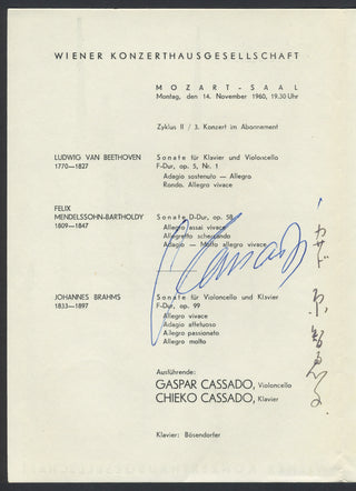 Cassadó, Gaspar. (1897–1966) & Cassado [Hara], Chieko. Signed Program