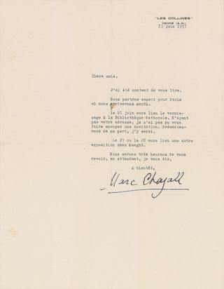 Chagall, Marc. (1887-1985) Signed Letter to Vronsky & Babin, inviting them to exhibitions at the Bibliotheque Nationale and the Maeght Gallery