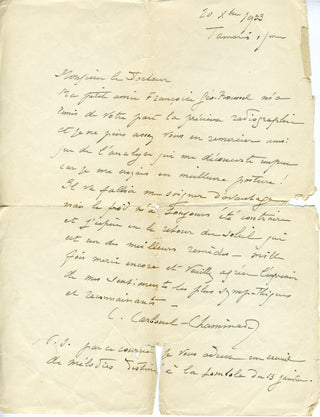 Chaminade, Cecile. (1857–1944) Autograph Letter to Gabriel-Jean-Francois Baixe thanking him for a "precious X-ray"