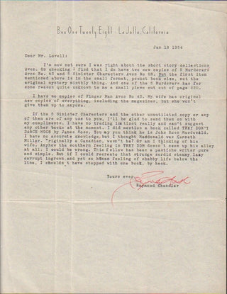 Chandler, Raymond. (1888-1959) Typed Letter Signed, Discussing Detective Fiction