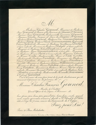 [Gounod, Charles-François. (1818–1893)] A printed document announcing Gounod's death on 18 October, 1893