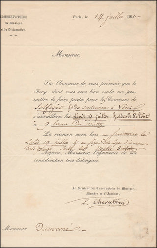 Cherubini, Luigi. (1760 - 1842) Signed Letter