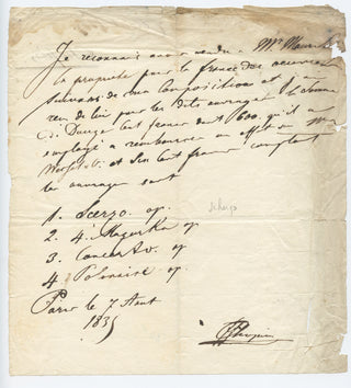 Chopin, Frédéric. (1810–1849) Signed French Copyright Agreement for the Publication of his Op. 20 Scherzo , Op. 21 Piano Concerto, Op. 22 Grand Polonaise and the Mazurkas Op. 24