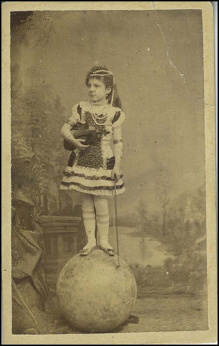 [Circus Violin] CDV Photograph of young violinist standing on a ball