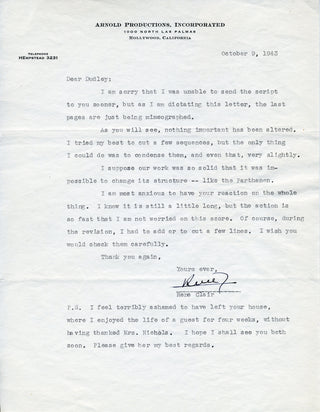 Clair, René. (1898-1981) [Nichols, Dudley. (1895-1960)] Signed Letter to Dudley Nichols about "It Happened Tomorrow"