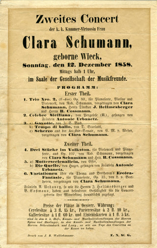 Schumann, Clara. (1819–1896) Original Broadside for her 1858 Vienna Performance