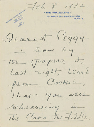 Porter, Cole. (1891–1964) [Kern, Jerome. (1885–1945)] Autograph Letter to Peggy Wood, on her role in The Cat and the Fiddle