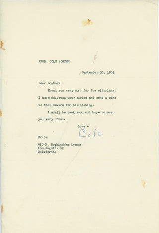 Porter, Cole. (1891–1964) Typed Letter Signed about Noel Coward