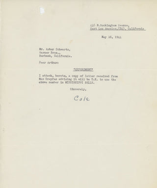 Porter, Cole. (1891–1964) Typed Letter Signed about "Mississippi Belle"