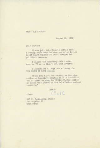 Porter, Cole. (1891–1964) Typed Letter Signed about "My Heart Belongs to Daddy"