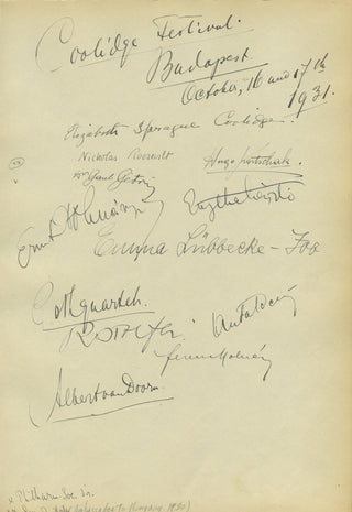 [Coolidge Festival] Coolidge, Elizabeth Sprague. (1864–1953) & Roosevelt, Nicholas. (1893–1982) & Kortschak, Hugo. (1884–1957) & Dohnanyi, Erno. (1877–1960) & Lübbecke-Job, Emma. (1888–1982) & Roth Quartet. (1922–1969) Group of Autograph Signatures