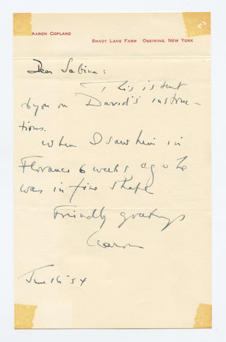 Copland, Aaron. (1900–1990)  [Diamond, David. (1915–2005)] Autograph Letter Signed to David Diamond