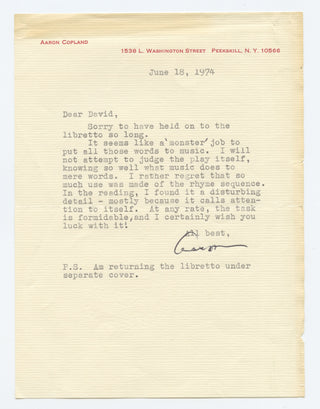 Copland, Aaron. (1900–1990)  [Diamond, David. (1915–2005)] Typed Letter Signed to David Diamond