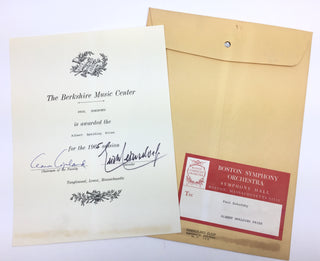 Copland, Aaron. (1900–1990) & Leinsdorf, Erich. (1912–1993) [Zukofsky, Paul. (1943–2017)] Signed Berkshire Music Center Prize Certificate, Awarded to Paul Zukofsky