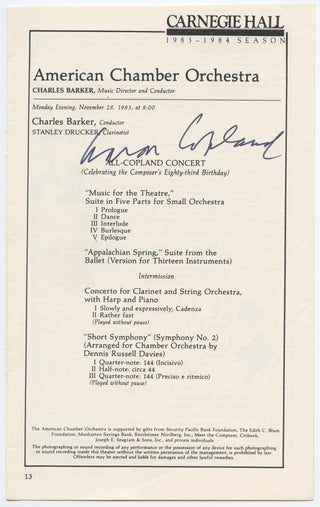 Copland, Aaron. (1900–1990) Signed Program Page