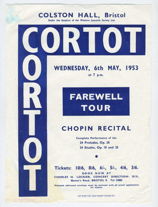 Cortot, Alfred. (1877–1962) Chopin Recital Broadside