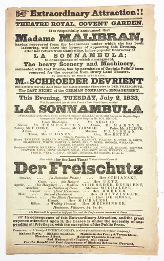 Malibran, Maria. (1808-1836) & Schröder-Devrient, Wilhelmine. (1804-1860) [Weber, Carl Maria Von. (1786-1826)] [Bellini, Vincenzo. (1801-1835)] Theatre Royal, Covent Garden 1833 Broadside including "La Sonnambula" and "Der Freischutz”