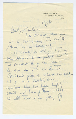 Coward, Noël. (1899-1973) [Dietrich, Marlene (1901-1992)] "My blue alpaca jacket is the smartest thing ever seen" - Autograph Letter to Marlene Dietrich