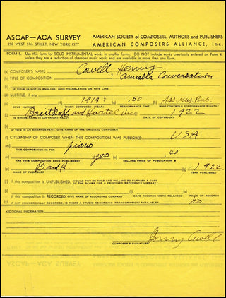 [American Modernist] Cowell, Henry. (1897 - 1965) Signed Copyright Registration Document