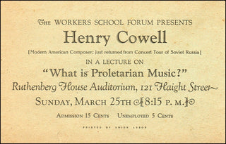 [American Modernist] Cowell, Henry. (1897 - 1965) 1928 "What is Proletarian Music?" Lecture Invitation