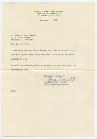 Cowell, Henry. (1897–1965) Two Typed Letters Signed to Peter Pindar Stearns