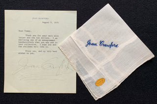 Crawford, Joan. (1905–1977) Monogrammed Handkerchief with Typed Letter Signed