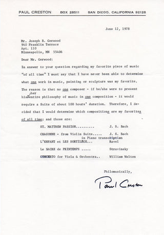 Creston, Paul. (1906-1985) Signed Letter about his Favorite Music