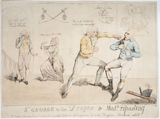 Saint-Georges, Joseph Bologne, Chevalier de. (1745–1799) & Éon, Charles-Geneviève de Beaumont, Chevalier d'. (1728–1810).  [Cruikshank, Isaac. (1764–1811)]  "St. George & the Dragon & Madlle. riposting."