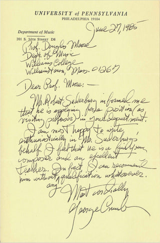 Crumb, George. (1929-2022) Two Autograph Letters Signed