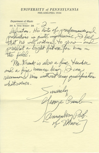 Crumb, George. (1929-2022) Two Autograph Letters Signed