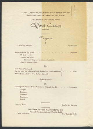 Curzon, Clifford. (1907-1982) Signed Flyer with Concert Program