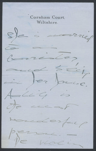 D’Aranyi, Jelly. (1893–1966) Autograph Letter about her sister, Adila Fachiri ("The violin she plays on was Joachim's. He played on it for about 40 years")