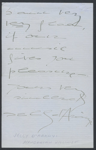 D’Aranyi, Jelly. (1893–1966) Autograph Letter about her sister, Adila Fachiri ("The violin she plays on was Joachim's. He played on it for about 40 years")