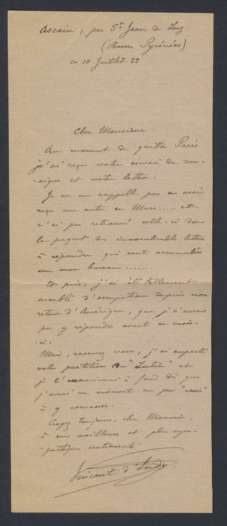 d'Indy, Vincent. (1851–1931) [Rogister, Jean. (1879–1964)] Three Autograph Letters