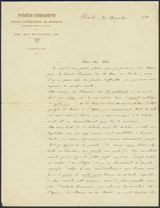 d'Indy, Vincent. (1851–1931) "This music of Rameau is very boring if one does not make it live..." - Autograph Letter