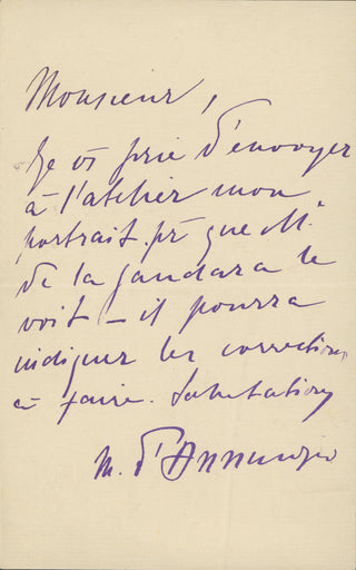 D'Annunzio, Gabriele. (1863–1938) [Gándara, Antonio de La (1867–1917)] [Hardouin, Maria. (1864–1954)] Autograph Letter Signed regarding a portrait of his wife by Gándara