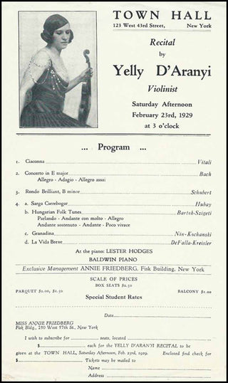 [Violinist] D’Aranyi, Jelly. (1893-1966) 1929 New York Town Hall Recital Program