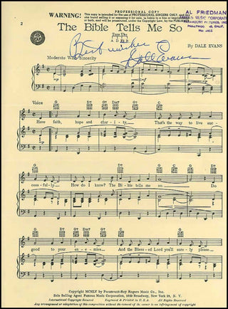 [Bible Music] Evans, Dale. [Smith, Lucille Wood] (1912-2001) Interesting Letter and Signed Music, "The Bible Tells Me So."