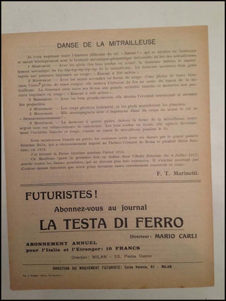 [Futurism] [Dance] Marinetti, Filippo Tommaso. (1876 - 1944) La DANSE FUTURISTE. Danse de l&apos;aviateur - Danse du Shrapnell - Danse de la mitrailleuse. Manifeste futuriste.