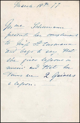 [Schumann, Clara. (1819–1896)] Davies, Fanny. (1861–1934) Autograph Letter written on behalf of Clara Schumann