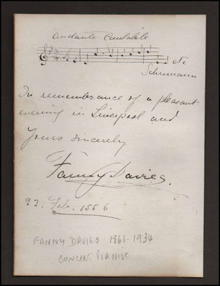 [Schumann, Clara. (1819–1896)] Davies, Fanny. (1861–1934) Autograph Musical Quotation - "Schumann"