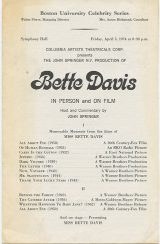 [Davis, Bette. (1908–1989)] "Bette Davis in Person and on Film" - Program