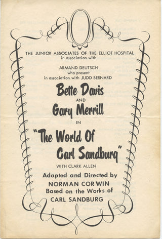 [Davis, Bette. (1908–1989) & Sandburg, Carl. (1878–1967) & Merrill, Gary. (1915–1990)] "The World of Carl Sandburg" - Original Program