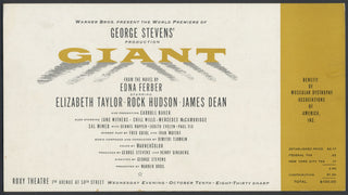 [Dean, James. (1931-1955)] [Stevens, George. (1904-1975)] [Taylor, Elizabeth. (1932-2011)] [Hudson, Rock. (1925-1985)] "Giant" - Original Oversized Film Premiere Ticket