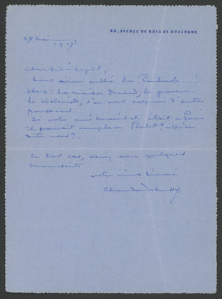 Debussy, Claude. (1862-1918) [Caplet, André. (1878-1925)] Autograph Letter to André Caplet about the Violin Sonata